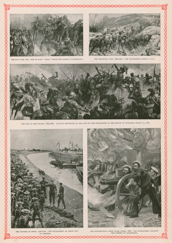 Acciones militares que involucran a marineros británicos durante el reinado de la Reina Victoria: la Guerra Zulú, la Guerra Bóer, la Revuelta Mahdista en Sudán, la Rebelión de los Bóxers y la Guerra Anglo-Egipcia de English School