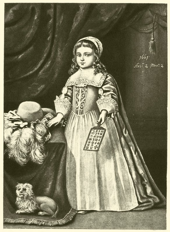 Miss Campion, sosteniendo un libro de cuerno (grabado) de English School