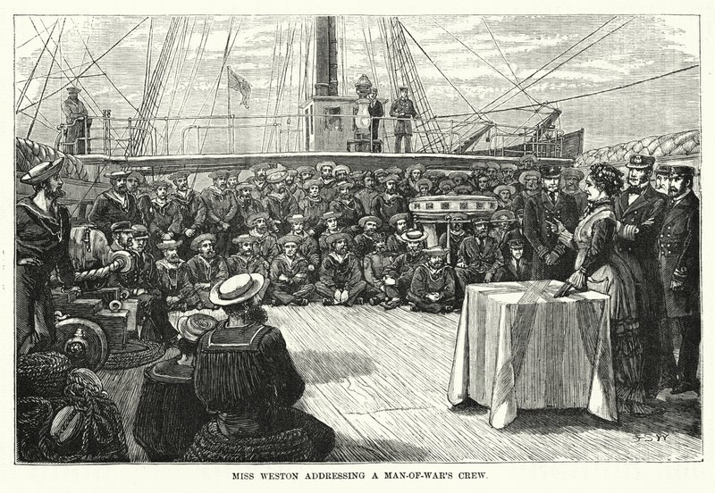 La señorita Weston dirigiéndose a la tripulación de un barco de guerra (grabado) de English School