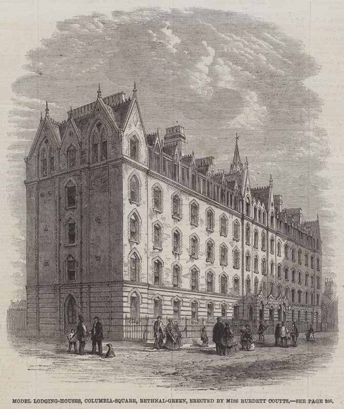 Casas de alojamiento modelo, Columbia-Square, Bethnal-Green, erigidas por la Srta. Burdett Coutts de English School