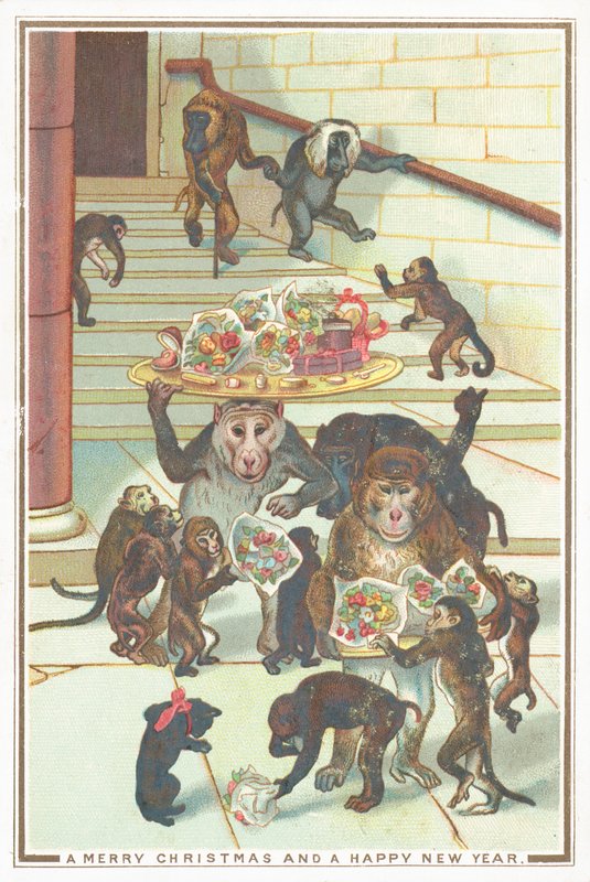 Monos llevando regalos, Tarjeta de Navidad de English School
