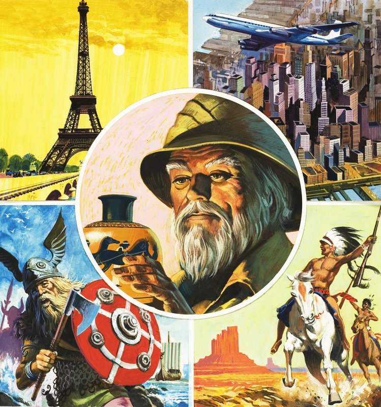 Montaje incluyendo Torre Eiffel, avión, guerrero vikingo, indio y arqueólogo de English School