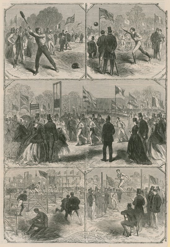 Montaje de ilustraciones relacionadas con los Deportes Atléticos del University College y el Servicio Civil de English School