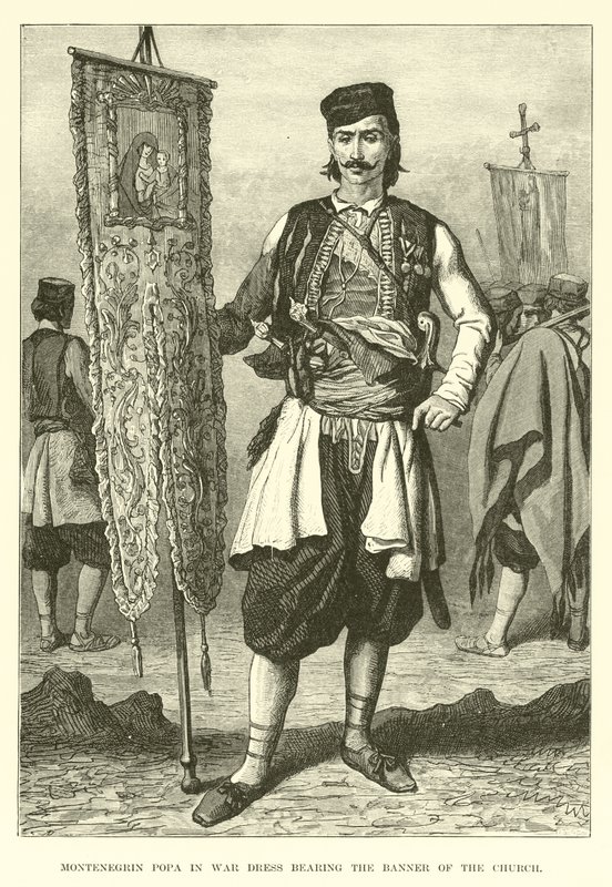 Popa montenegrino en traje de guerra portando el estandarte de la iglesia de English School