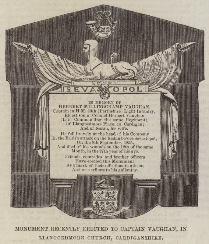 Monumento recientemente erigido al Capitán Vaughan, en la Iglesia de Llangoedmore, Cardiganshire (grabado) de English School