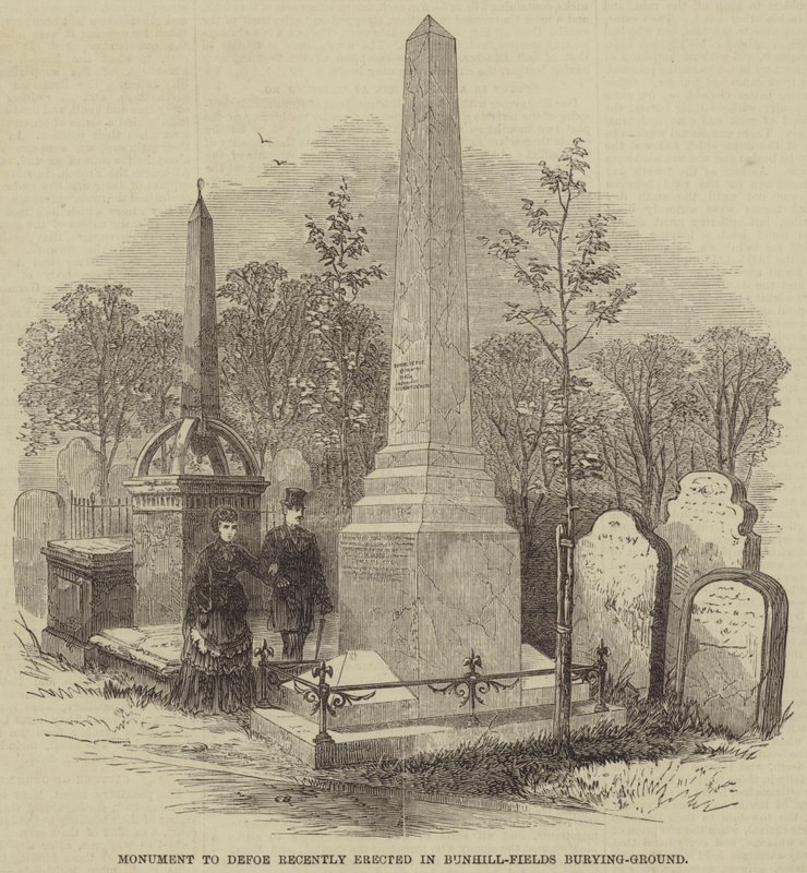 Monumento a Defoe recientemente erigido en el cementerio de Bunhill-Fields de English School