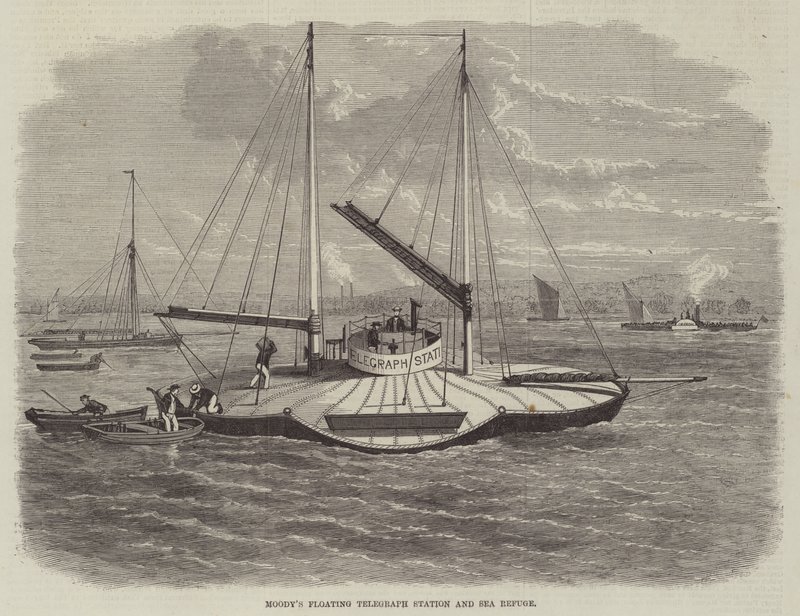 Estación telegráfica flotante y refugio marítimo de Moody (grabado) de English School