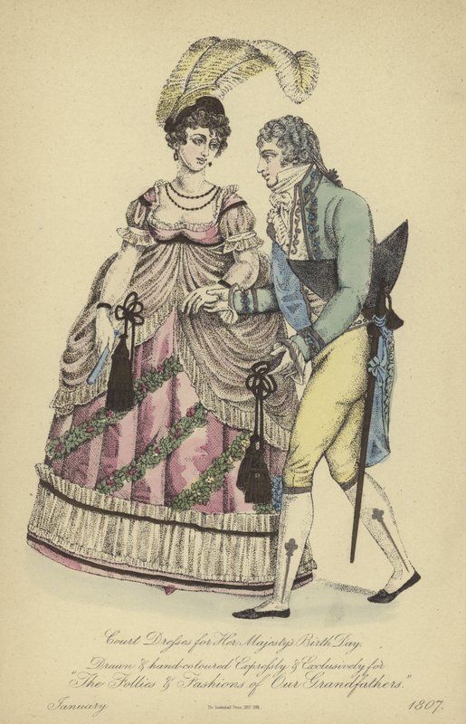 Vestido de mañana para damas y caballeros (grabado en color) de English School