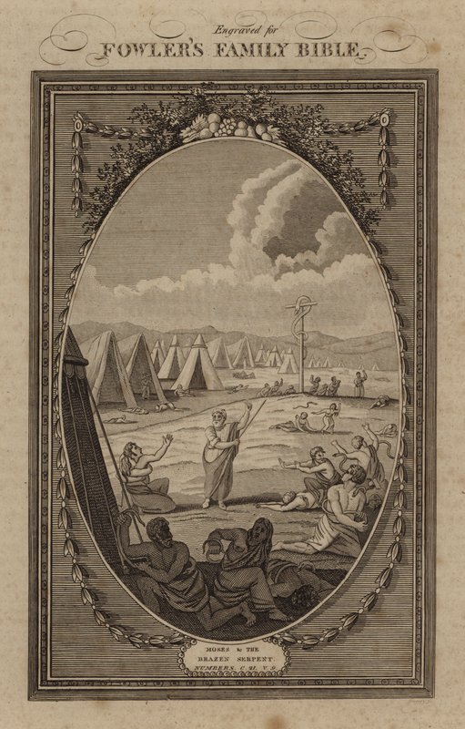 Moisés y la serpiente de bronce, Números, capítulo 21, versículo 9 (grabado) de English School