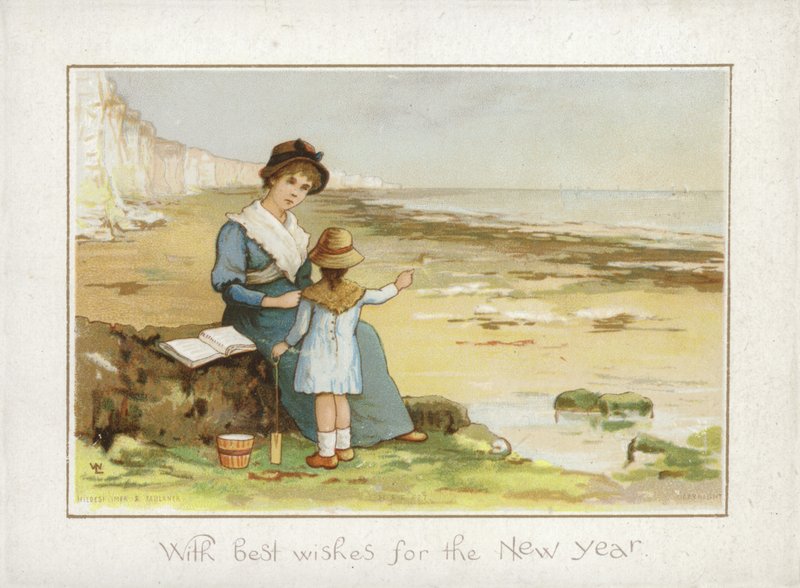 Madre e Hijo en la Playa - Tarjeta de Año Nuevo de English School