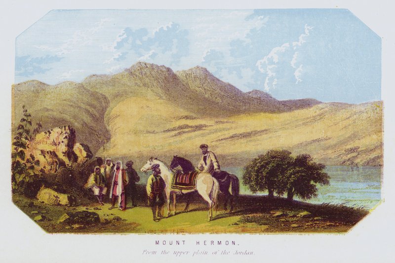 Monte Hermón, desde la llanura superior del Jordán (litografía a color) de English School