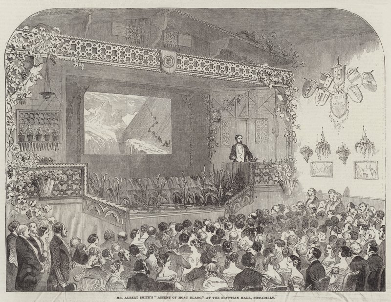 El "Ascenso al Mont Blanc" del Sr. Albert Smith, en el Salón Egipcio, Piccadilly (grabado) de English School