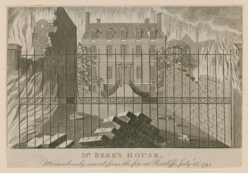 La casa del Sr. Bere, salvada milagrosamente del incendio en Ratcliffe, 23 de julio de 1794 de English School