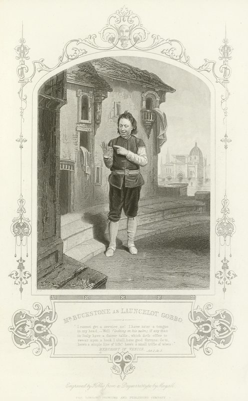 Sr. Buckstone como Launcelot Gobbo, El mercader de Venecia de English School