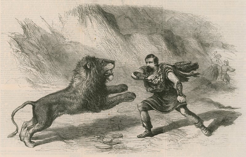 Mr. Crockett, el domador de leones, actuando con sus leones en el Teatro Astleys, Londres de English School
