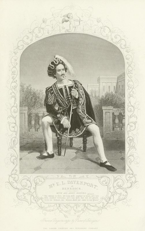 Sr. E L Davenport como Benedick, Mucho ruido y pocas nueces, Acto II, escena iii de English School