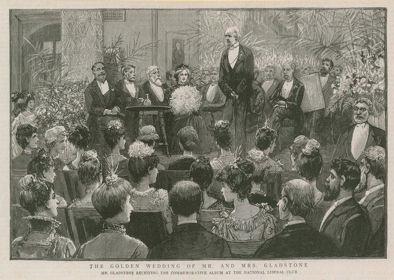Mr Gladstone recibiendo el álbum conmemorativo en el National Liberal Club de English School