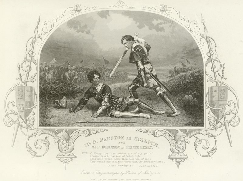 Mr H Marston como Hotspur y Mr F Robinson como Príncipe Enrique, Rey Enrique IV, Parte I de English School