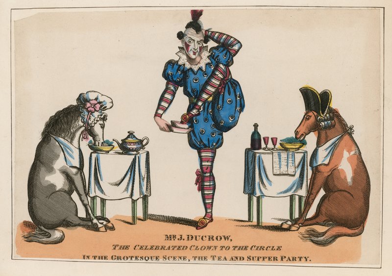 Mr. John Ducrow, el payaso célebre del círculo en la escena grotesca, la fiesta de té y cena de English School
