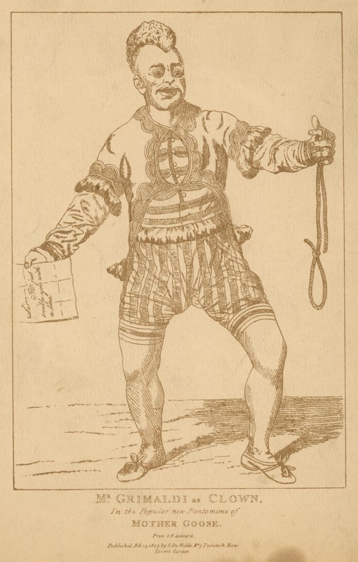 Mr Joseph Grimaldi como Payaso en la popular pantomima Mother Goose de English School