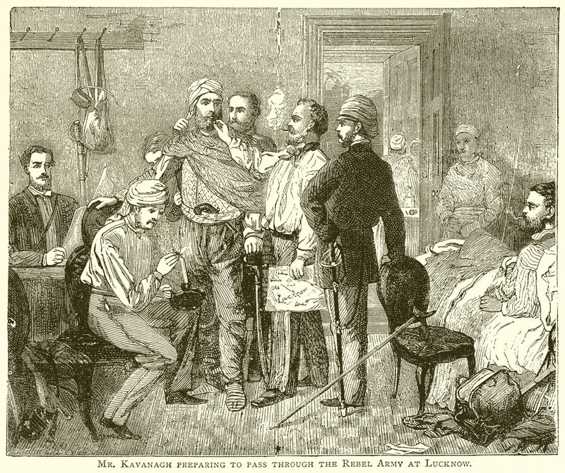 El Sr. Kavanagh preparándose para pasar a través del ejército rebelde en Lucknow de English School