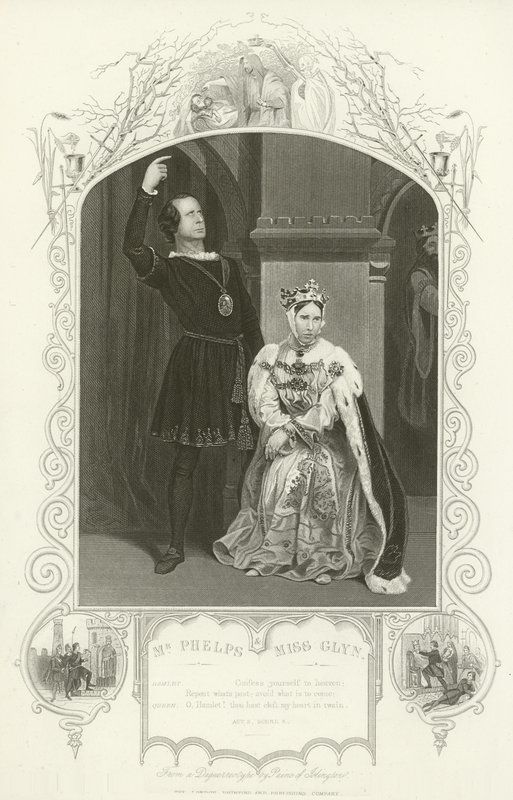 Sr. Phelps como Hamlet y Srta. Glyn como Reina, Hamlet, Acto III, escena IV de English School