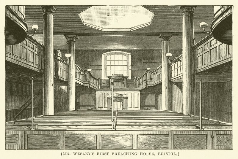Primera casa de predicación del Sr. Wesley, Bristol (grabado) de English School