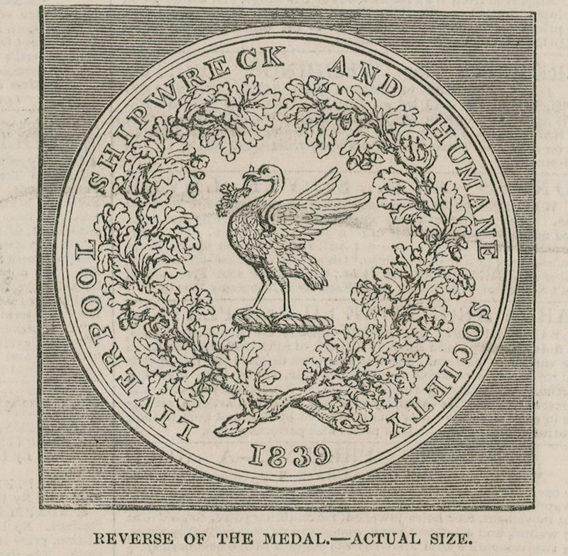 Diseño de Mr Wyon para la Medalla de la Sociedad de Naufragios y Humanitaria de Liverpool de English School