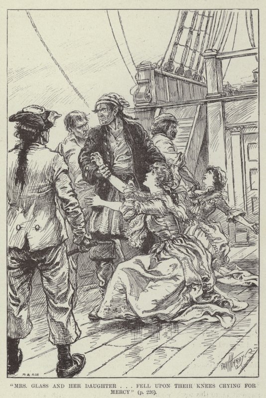 "La Sra. Glass y su hija cayeron de rodillas pidiendo clemencia" (grabado) de English School