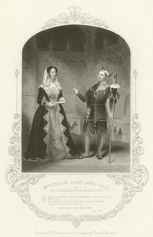 Sra. Ternan y Sr. Lewis Ball como la Condesa Rousillon y su bufón, Todo bien si acaba bien, Acto I, escena iii de English School