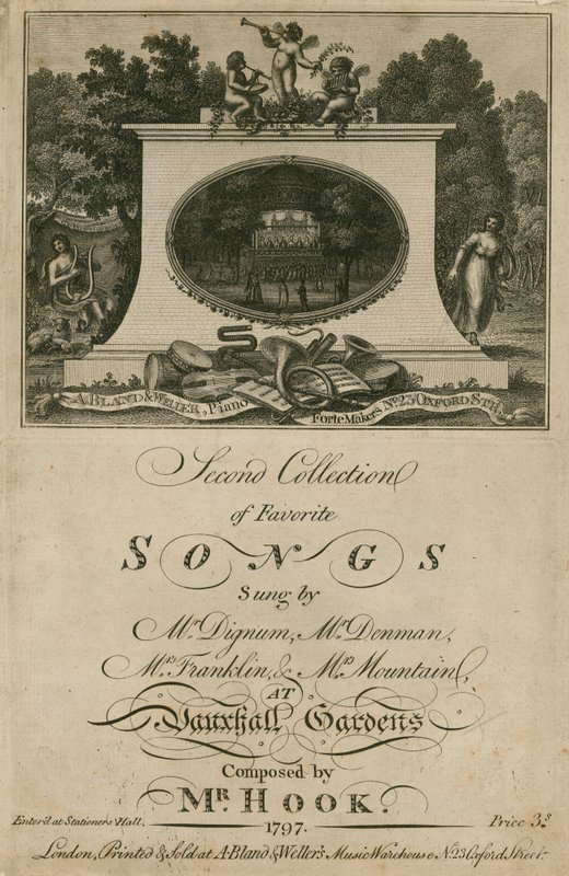 Partitura musical recopilando canciones favoritas cantadas en Vauxhall Gardens, Londres, compuestas por el Sr. Hook de English School