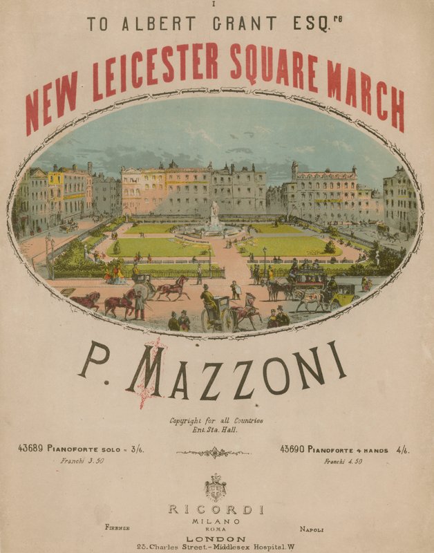 Partitura musical para New Leicester Square March por P. Mazzoni de English School