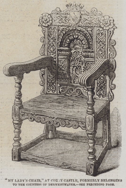 "La Silla de Mi Dama," en el Castillo de Corby, anteriormente perteneciente a la Condesa de Derwestwater (grabado) de English School