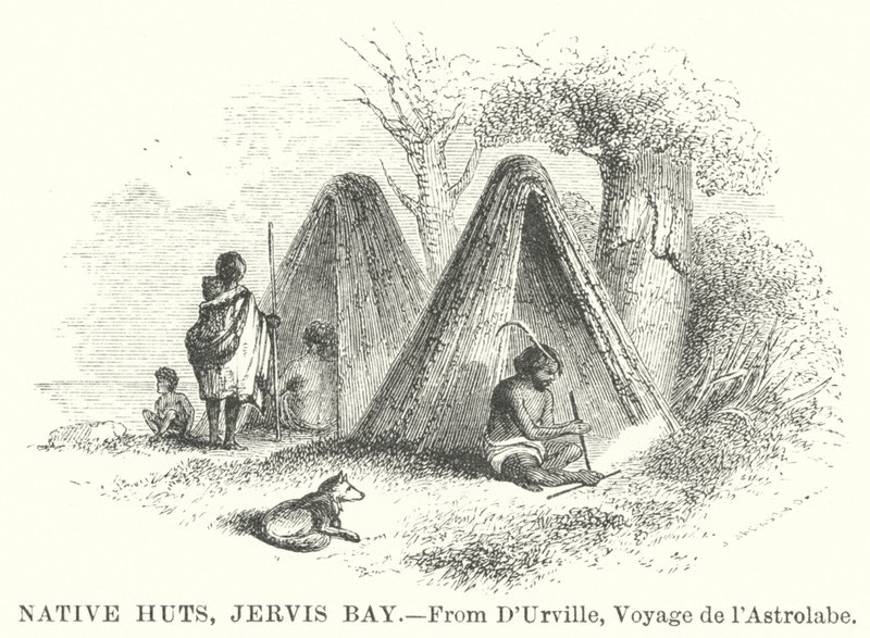 Cabañas nativas, Bahía de Jervis (grabado) de English School