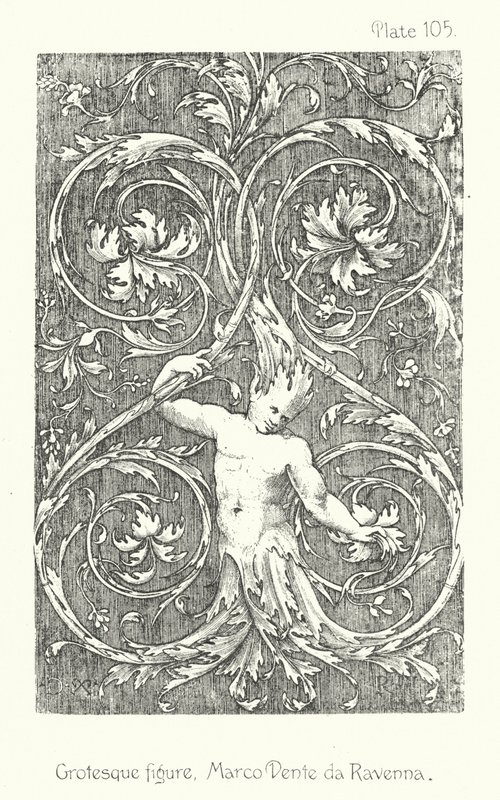 La naturaleza en el ornamento: figura grotesca, Marco Dente da Ravenna (litografía) de English School