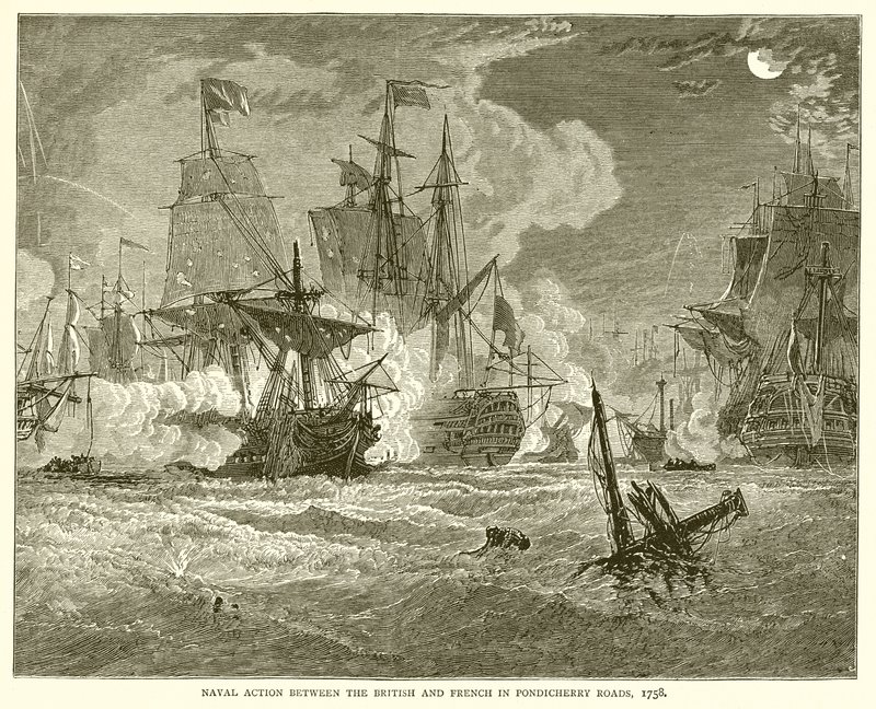 Acción Naval entre los Británicos y Franceses en las Carreteras de Pondicherry, 1758 de English School