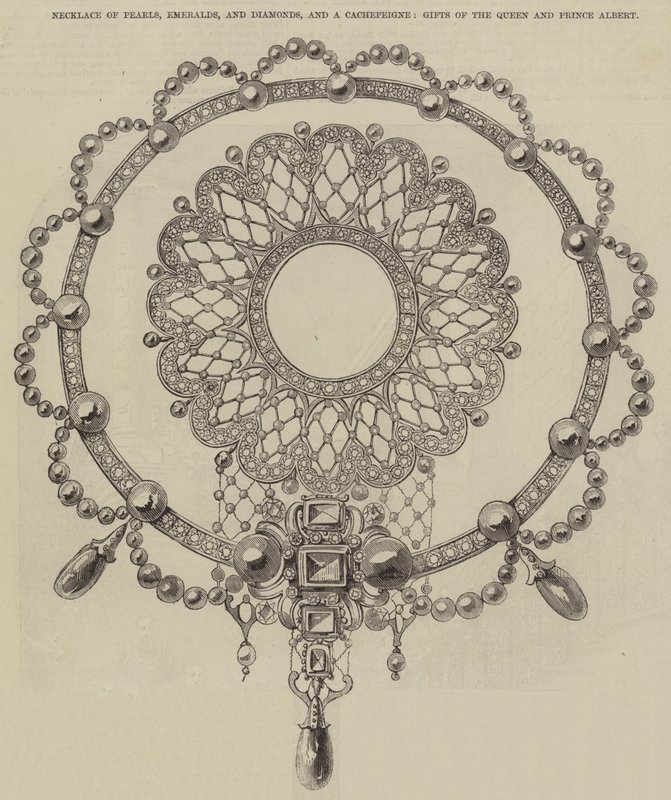 Collar de perlas, esmeraldas y diamantes, y un Cachepeigne, regalos de la Reina y el Príncipe Alberto de English School