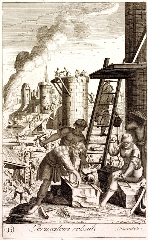 Nehemías reconstruyendo los muros de Jerusalén (grabado) de English School