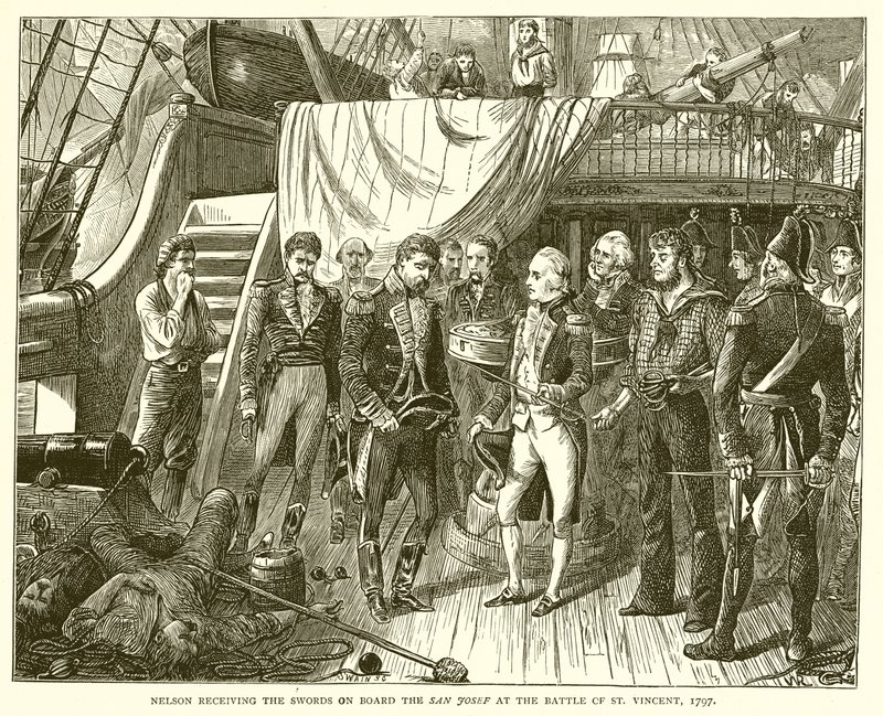 Nelson recibiendo las Espadas a bordo del San Josef en la Batalla de San Vicente, 1797 de English School