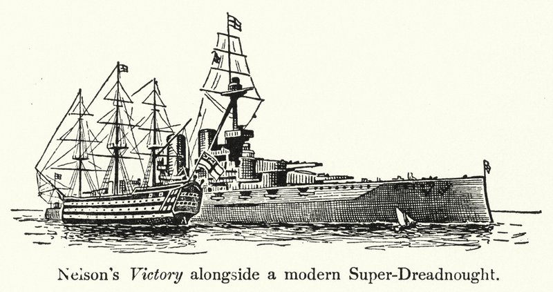 La Victoria de Nelson junto a un Super-Dreadnought moderno de English School