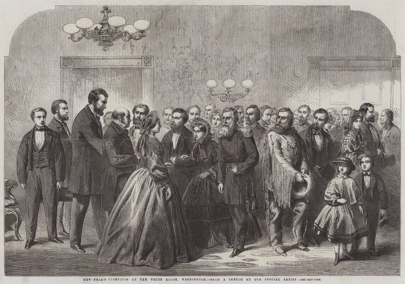 Recepción de Año Nuevo en la Casa Blanca, Washington (grabado) de English School