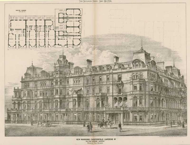 Nuevas mansiones, Chesterfield Gardens, Londres W, John Thomas Wimperis, arquitecto de English School