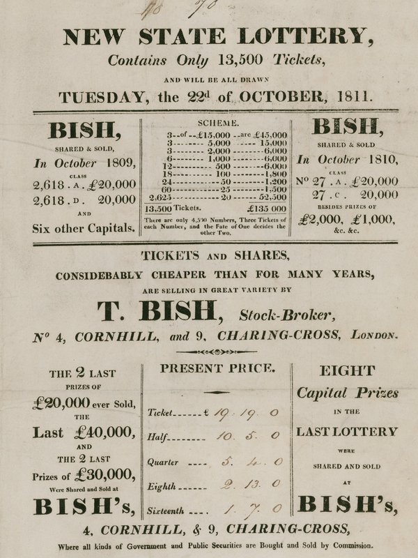 Nueva Lotería Estatal, dirigida por T. Bish, corredor de bolsa, 4 Cornhill y 9 Charing Cross, Londres de English School