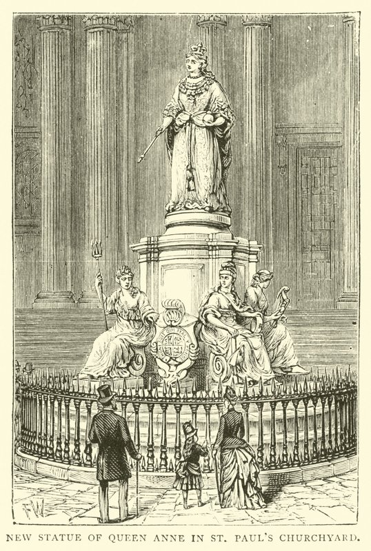 Nueva estatua de la reina Ana en el patio de la iglesia de San Pablo de English School