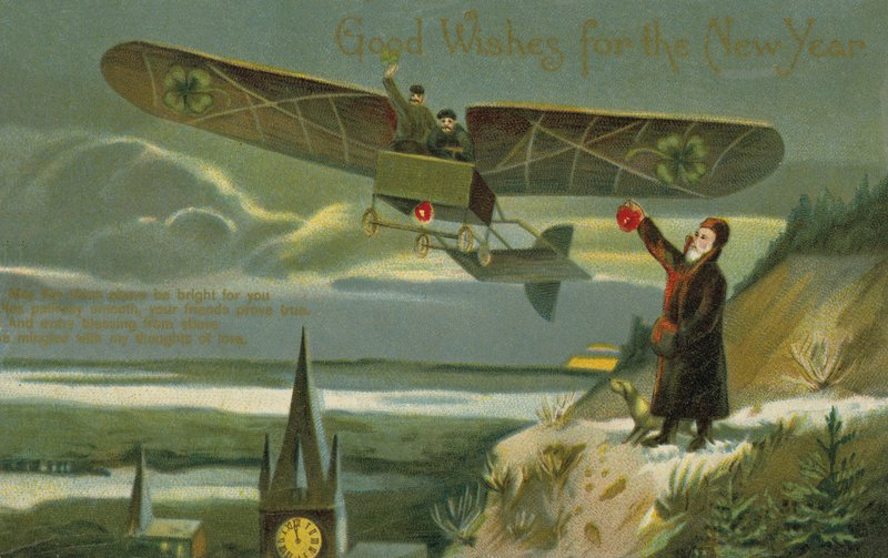 Tarjeta de Año Nuevo con un avión (litografia de color) de English School
