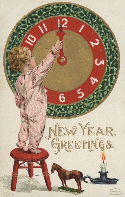 Tarjeta de Año Nuevo con un niño pequeño cambiando un reloj de English School