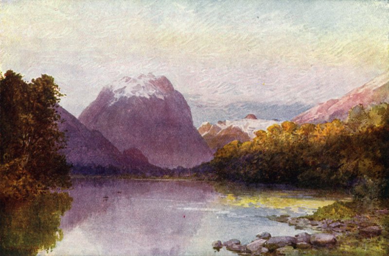 Nueva Zelanda: En la cabecera del lago Te Anau (litografía en color) de English School