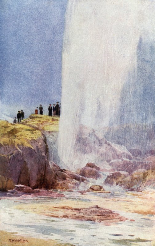 Nueva Zelanda: Wairoa Geyser (litografía en color) de English School