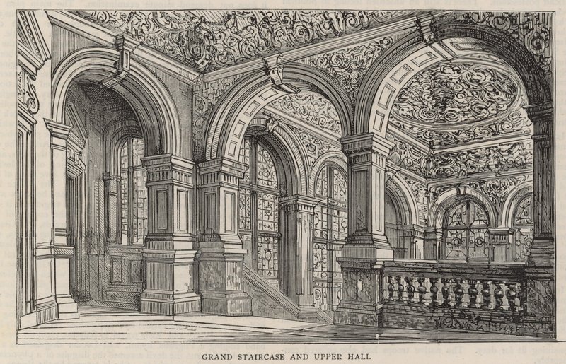 Nuevo edificio del Club Constitucional en Northumberland Avenue: Gran escalera y salón superior de English School