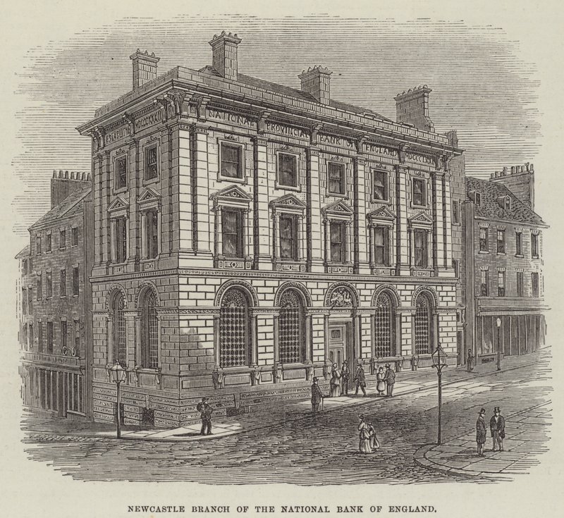 Sucursal de Newcastle del Banco Nacional de Inglaterra (grabado) de English School